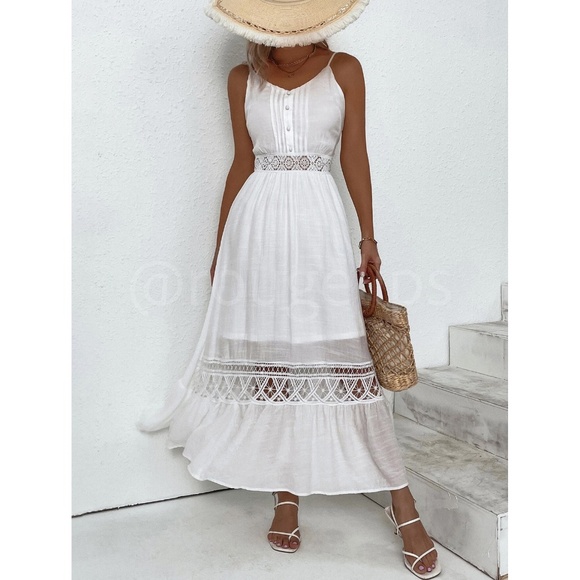 White Long Flared Maxi Dress Cami Tie Back Lace Crochet Detail - Picture 6 of 8